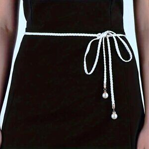 Belt Braided PU Leather Tie Pearl Dress Stylish Trendy White No Hole Adjustable